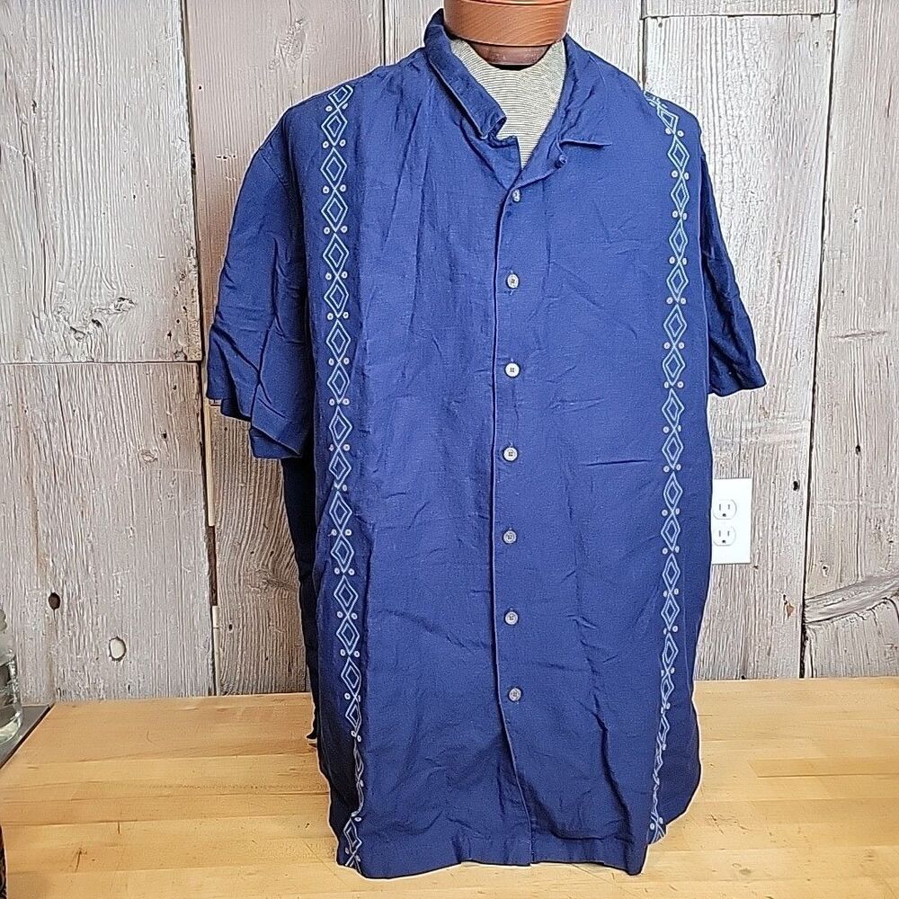 Island Passport Mens Hawiian Blue shirt Linen blend 3XL Embroidered